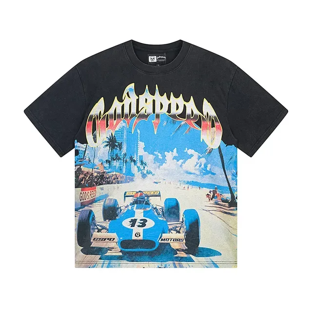 Black Graphic-Print Oversized Racing Illustration T-Shirt 2