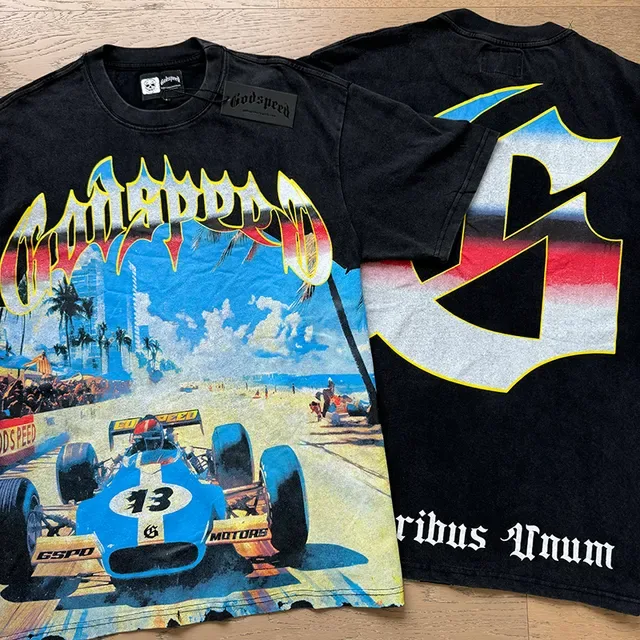 Black Graphic-Print Oversized Racing Illustration T-Shirt 4
