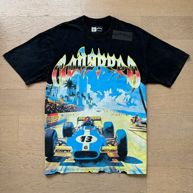 Black Graphic-Print Oversized Racing Illustration T-Shirt 5