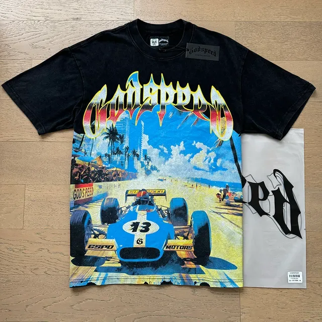 Black Graphic-Print Oversized Racing Illustration T-Shirt 6