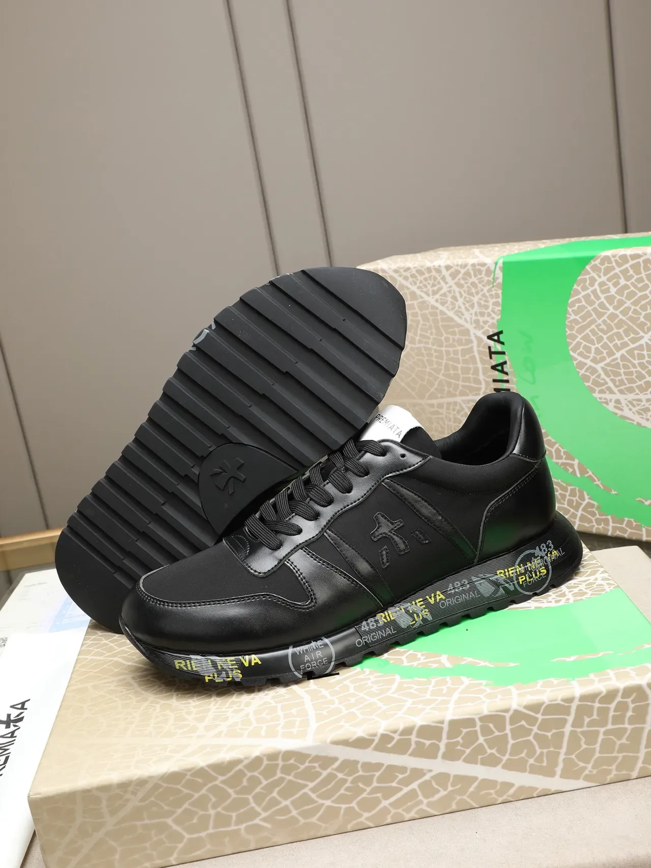 Black Leather-Fabric Upper Text-Printed Midsole Lifestyle Sneaker 4