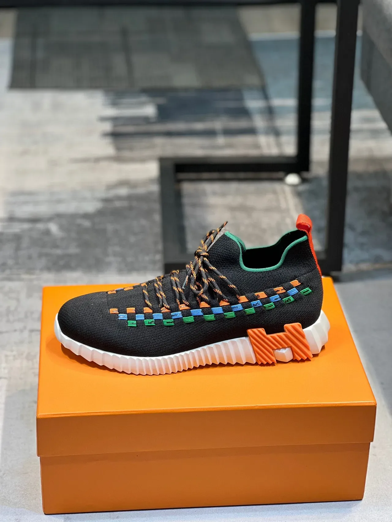 Black Multicolor Knit Sock-Fit Upper Woven Band Detailing Sneakers 1