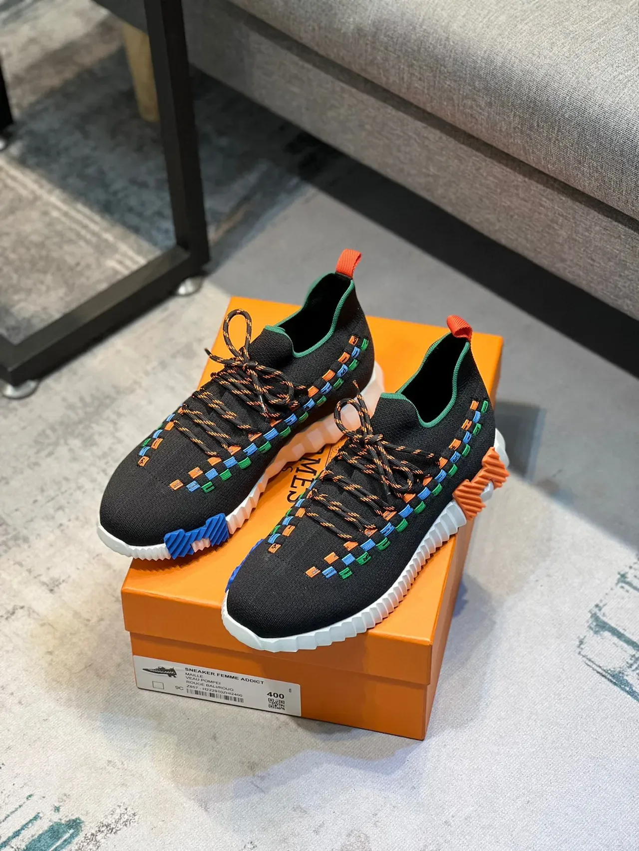 Black Multicolor Knit Sock-Fit Upper Woven Band Detailing Sneakers 8
