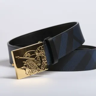 Black Navy Reversible Two-Tone Engraved Gold Buckle Leather Belt