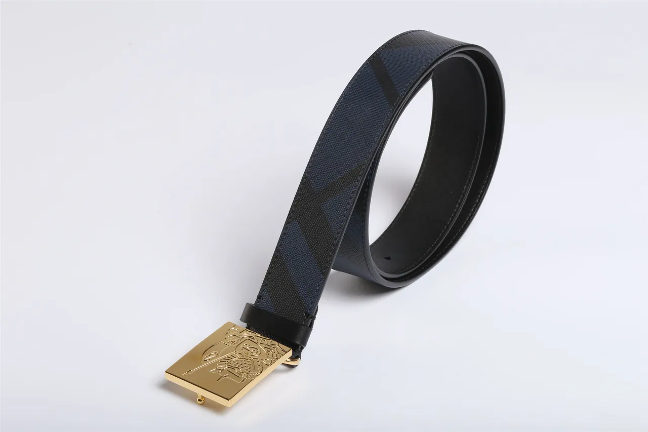Black Navy Reversible Two-Tone Engraved Gold Buckle Leather Belt 4