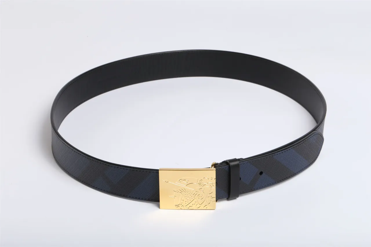 Black Navy Reversible Two-Tone Engraved Gold Buckle Leather Belt 8
