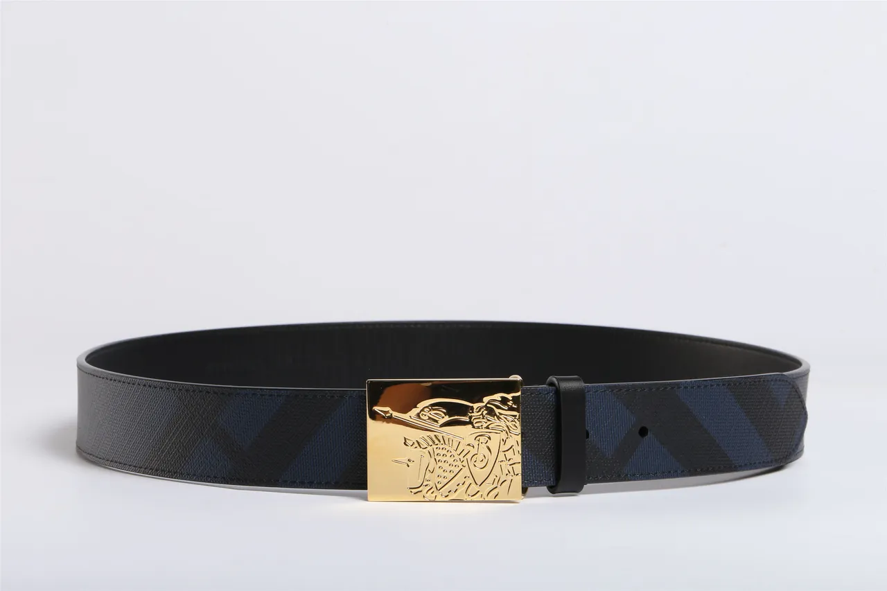 Black Navy Reversible Two-Tone Engraved Gold Buckle Leather Belt 9