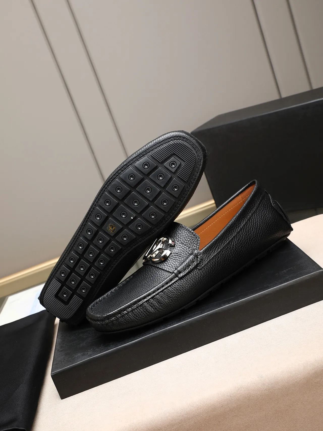 Black Pebbled Leather Buckle Loafer 4