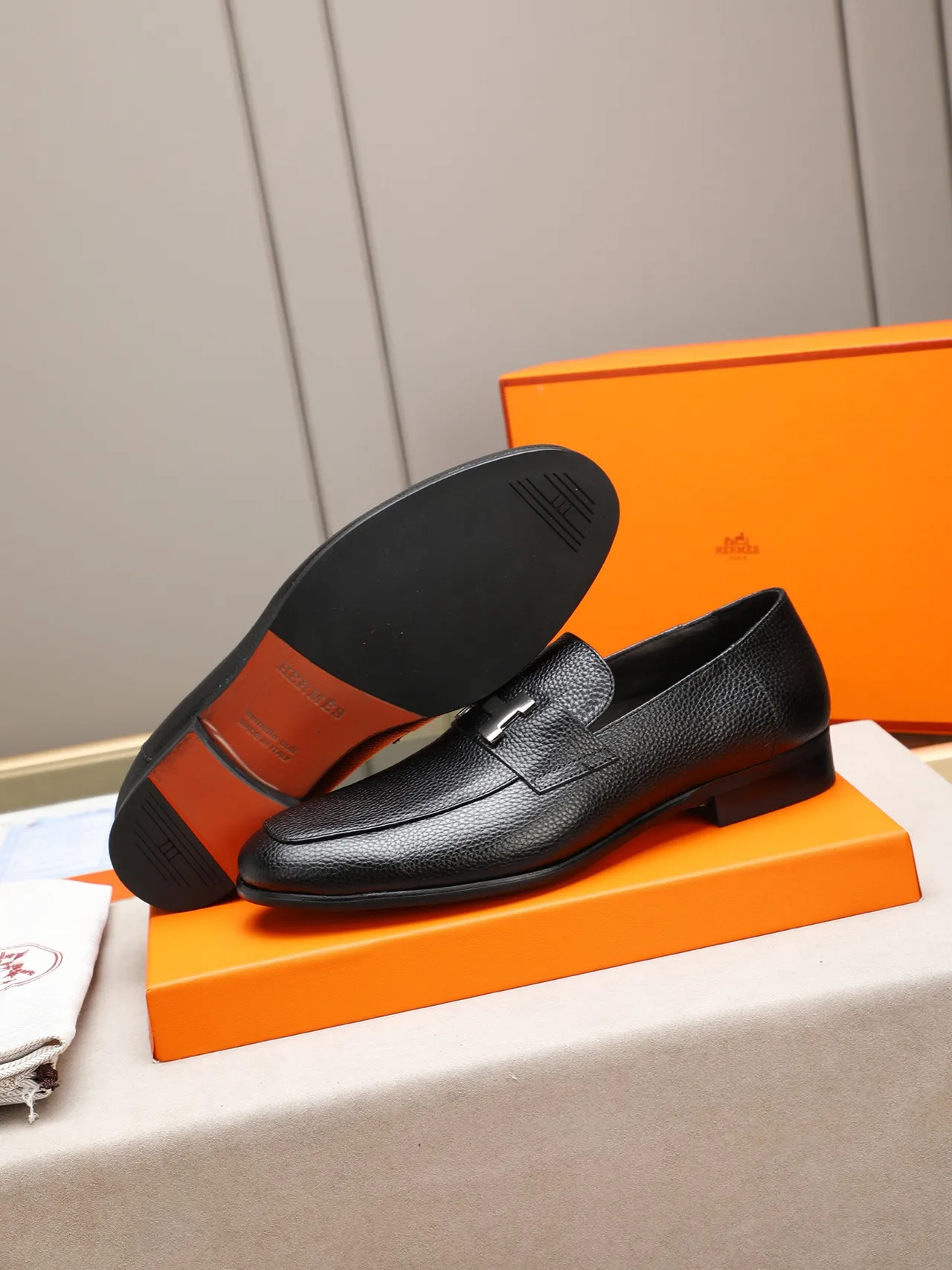 Black Pebbled Leather Buckle Loafer 4