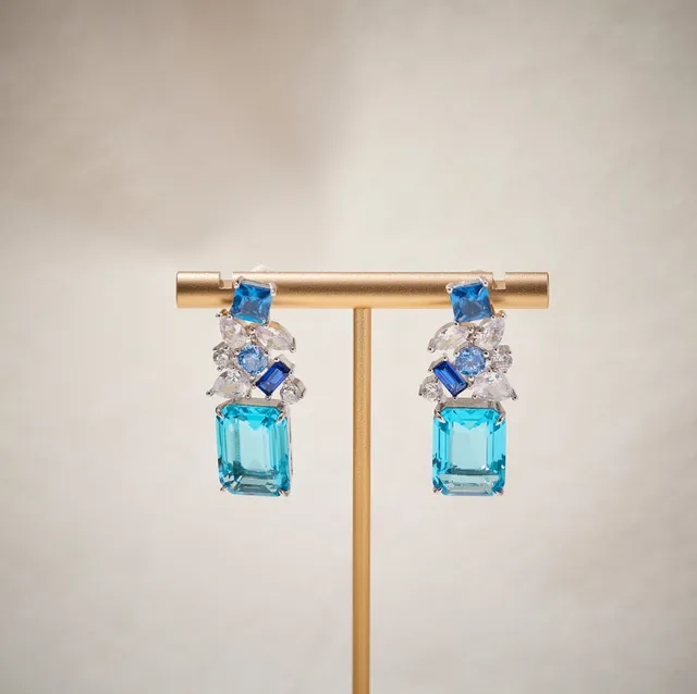 Blue and Clear Multi-Stone Cluster Drop Earrings 2