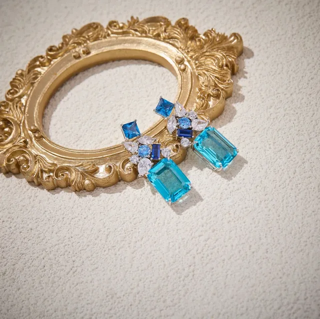 Blue and Clear Multi-Stone Cluster Drop Earrings 3