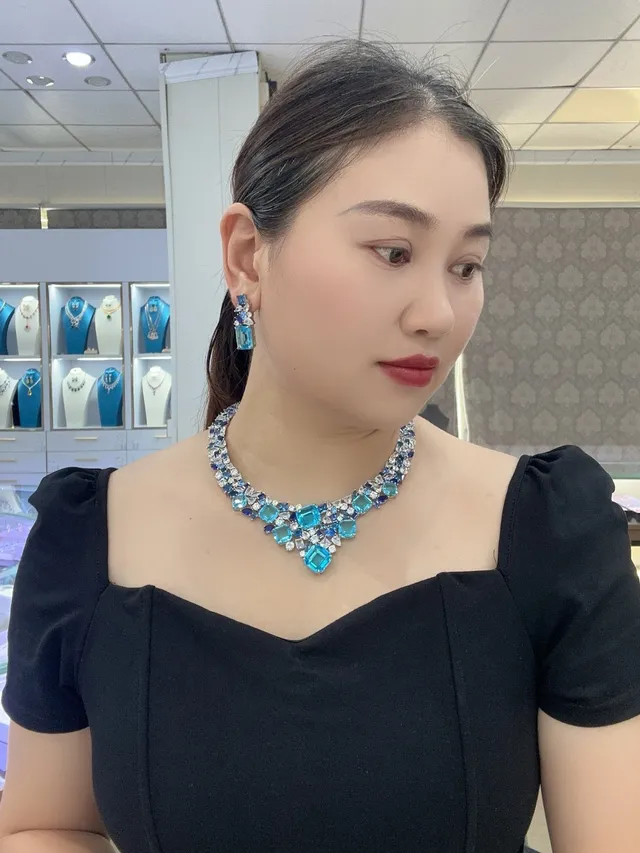 Blue and Clear Multi-Stone Cluster Drop Earrings 4