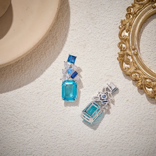 Blue and Clear Multi-Stone Cluster Drop Earrings 5