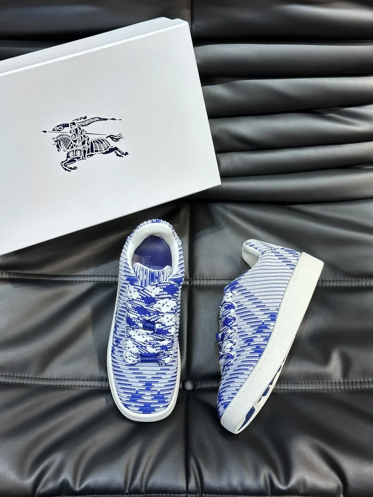 Blue and White Woven Knit Low-Top Sneakers 5