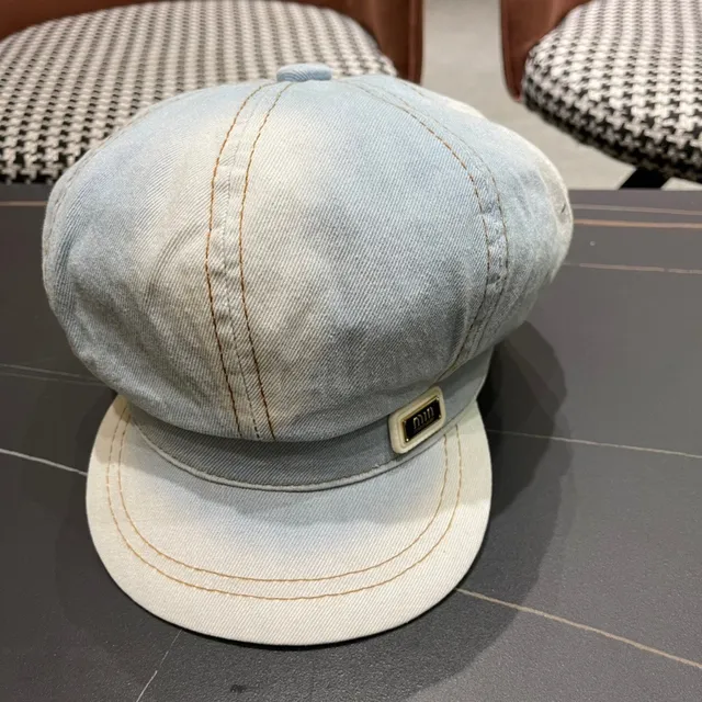Blue Black Light-Wash Denim Stitched Panel Construction Beret 3