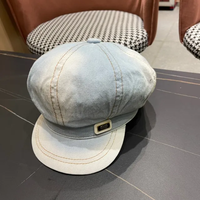 Blue Black Light-Wash Denim Stitched Panel Construction Beret 4