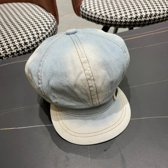 Blue Black Light-Wash Denim Stitched Panel Construction Beret 5