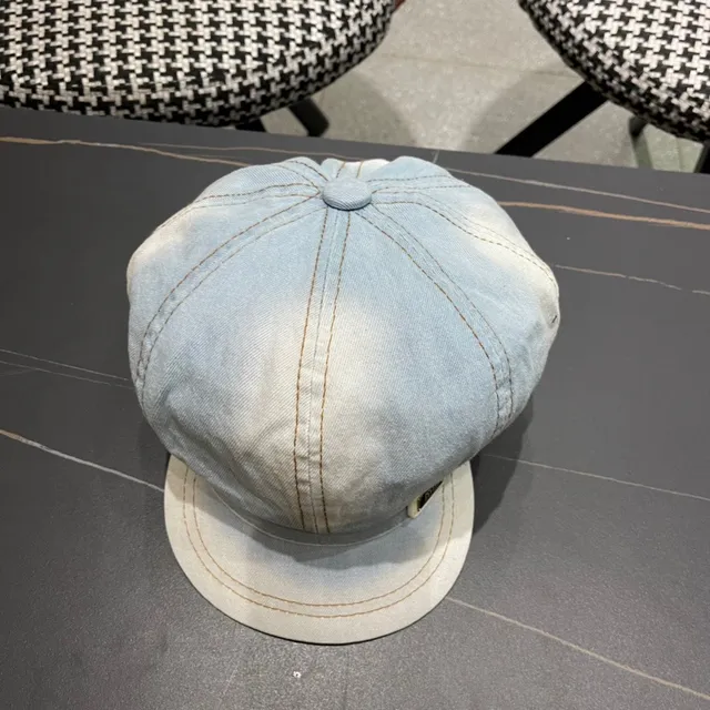 Blue Black Light-Wash Denim Stitched Panel Construction Beret 6