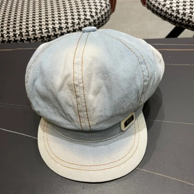 Blue Black Light-Wash Denim Stitched Panel Construction Beret 7