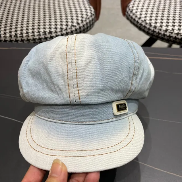 Blue Black Light-Wash Denim Stitched Panel Construction Beret 8