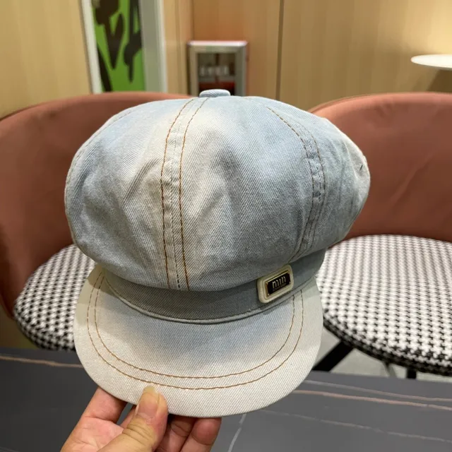 Blue Black Light-Wash Denim Stitched Panel Construction Beret 9