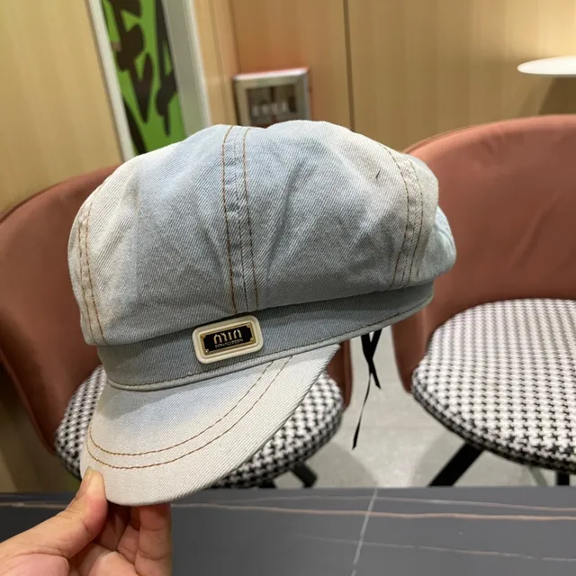 Blue Black Light-Wash Denim Stitched Panel Construction Beret 11