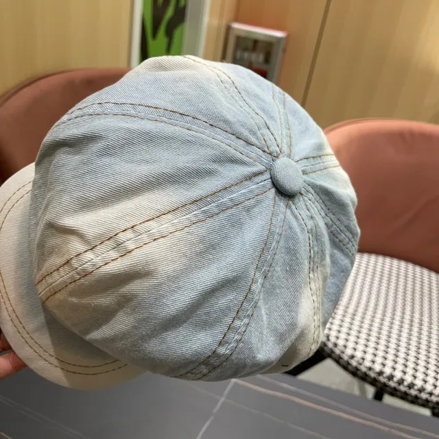 Blue Black Light-Wash Denim Stitched Panel Construction Beret 12