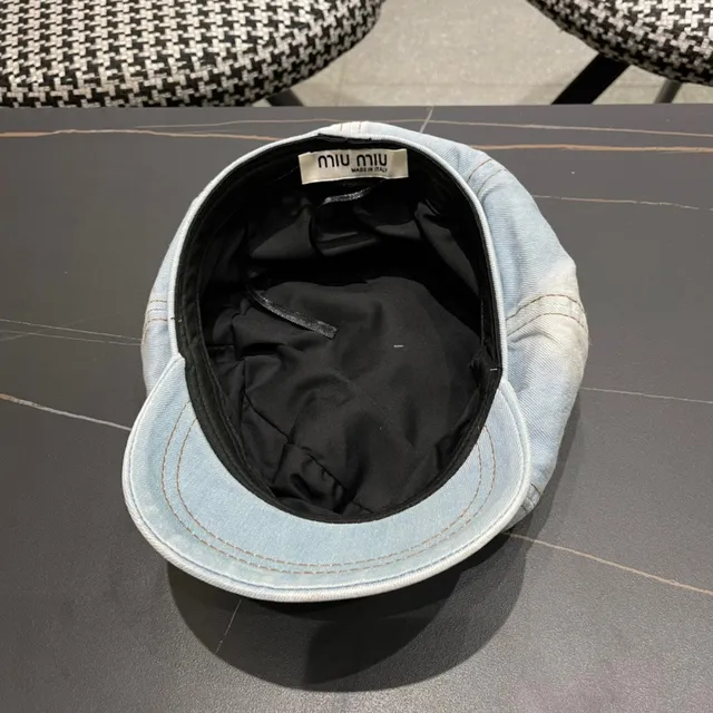 Blue Black Light-Wash Denim Stitched Panel Construction Beret 13