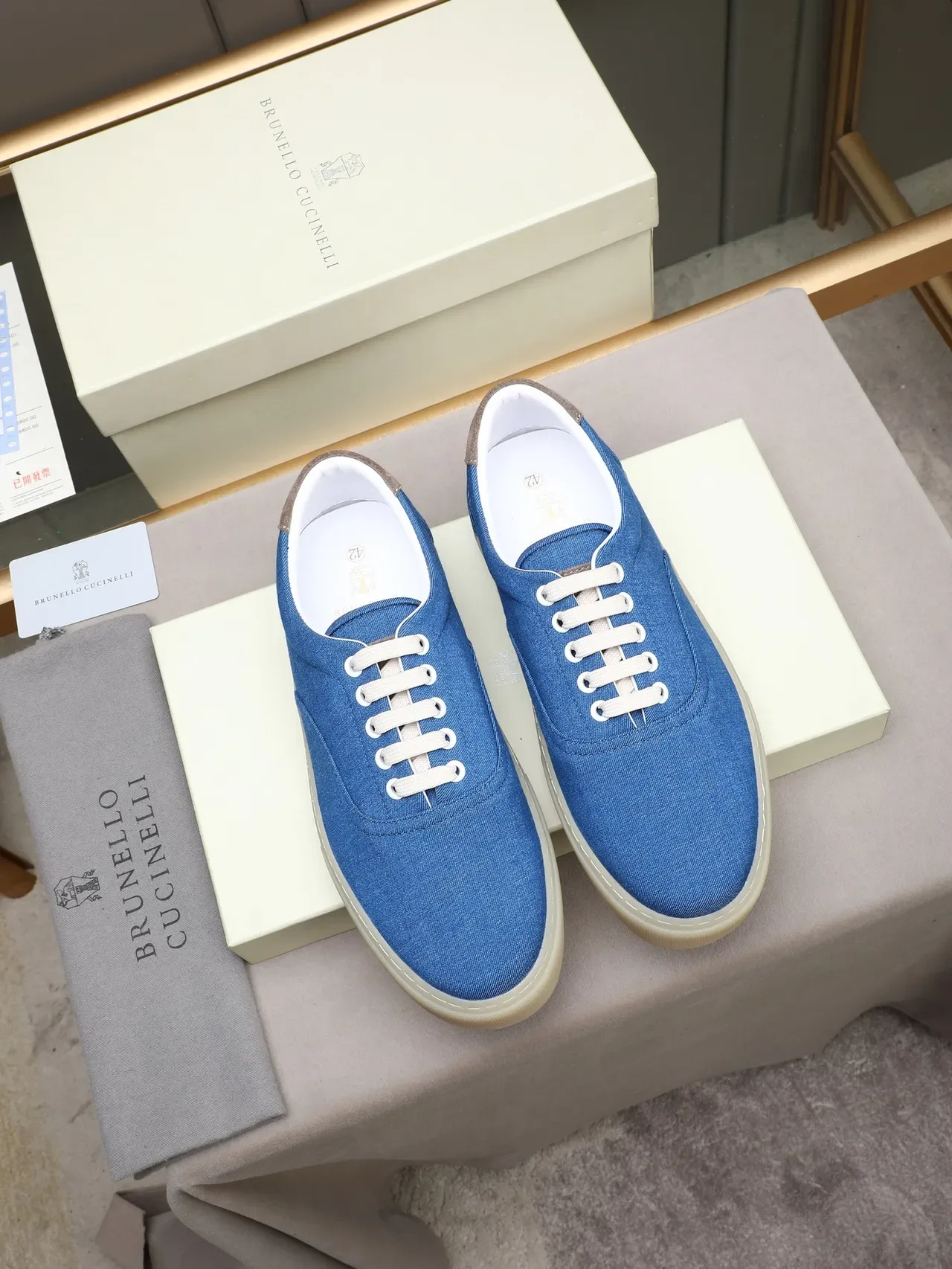 Blue Brown Denim Upper Suede Heel Tab Casual Shoes 3