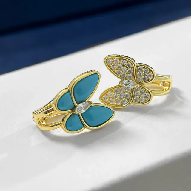 Blue Gold Butterfly Motif Enamel Wings Ring 3
