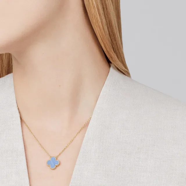 Blue Gold Clover-Shaped Pendant Beaded Bezel Edge Necklace 9