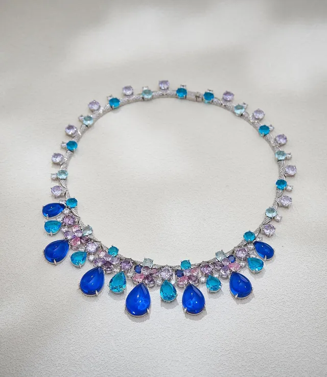 Blue Multicolor Floral Motif Teardrop-Cut Necklace 6