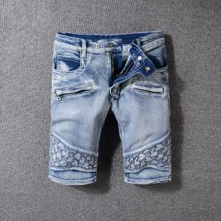 Blue White Light-Wash Distressed Denim Geometric Stitched Panels Shorts