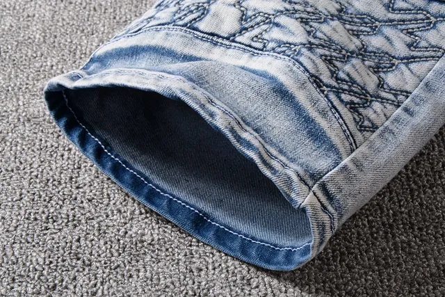 Blue White Light-Wash Distressed Denim Geometric Stitched Panels Shorts 2