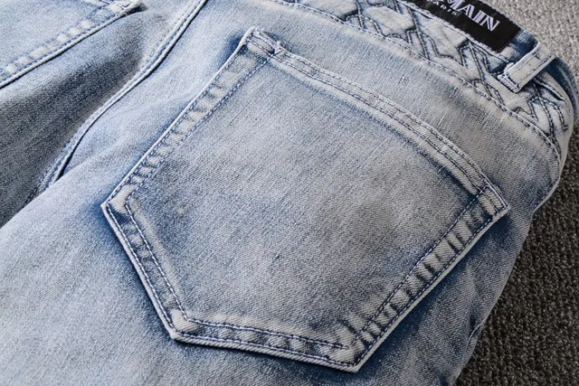 Blue White Light-Wash Distressed Denim Geometric Stitched Panels Shorts 4