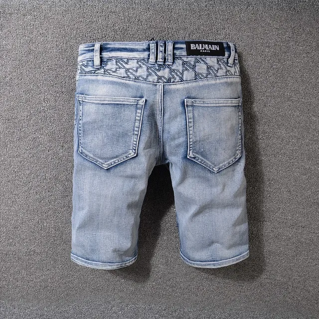 Blue White Light-Wash Distressed Denim Geometric Stitched Panels Shorts 6