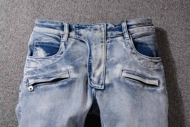 Blue White Light-Wash Distressed Denim Geometric Stitched Panels Shorts 10