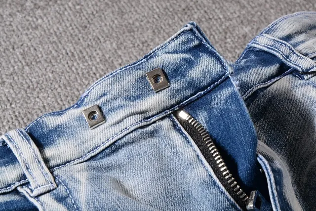 Blue White Light-Wash Distressed Denim Geometric Stitched Panels Shorts 11