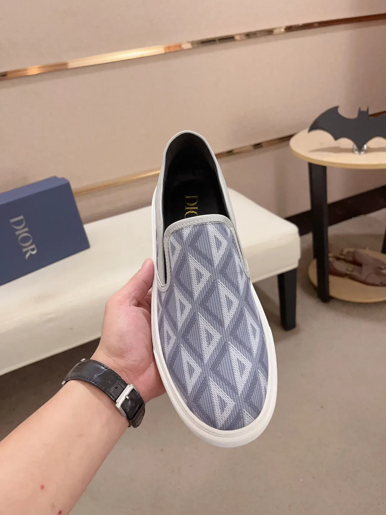 Blue White Slip-On Geometric-Print Fabric Upper Sneakers 2