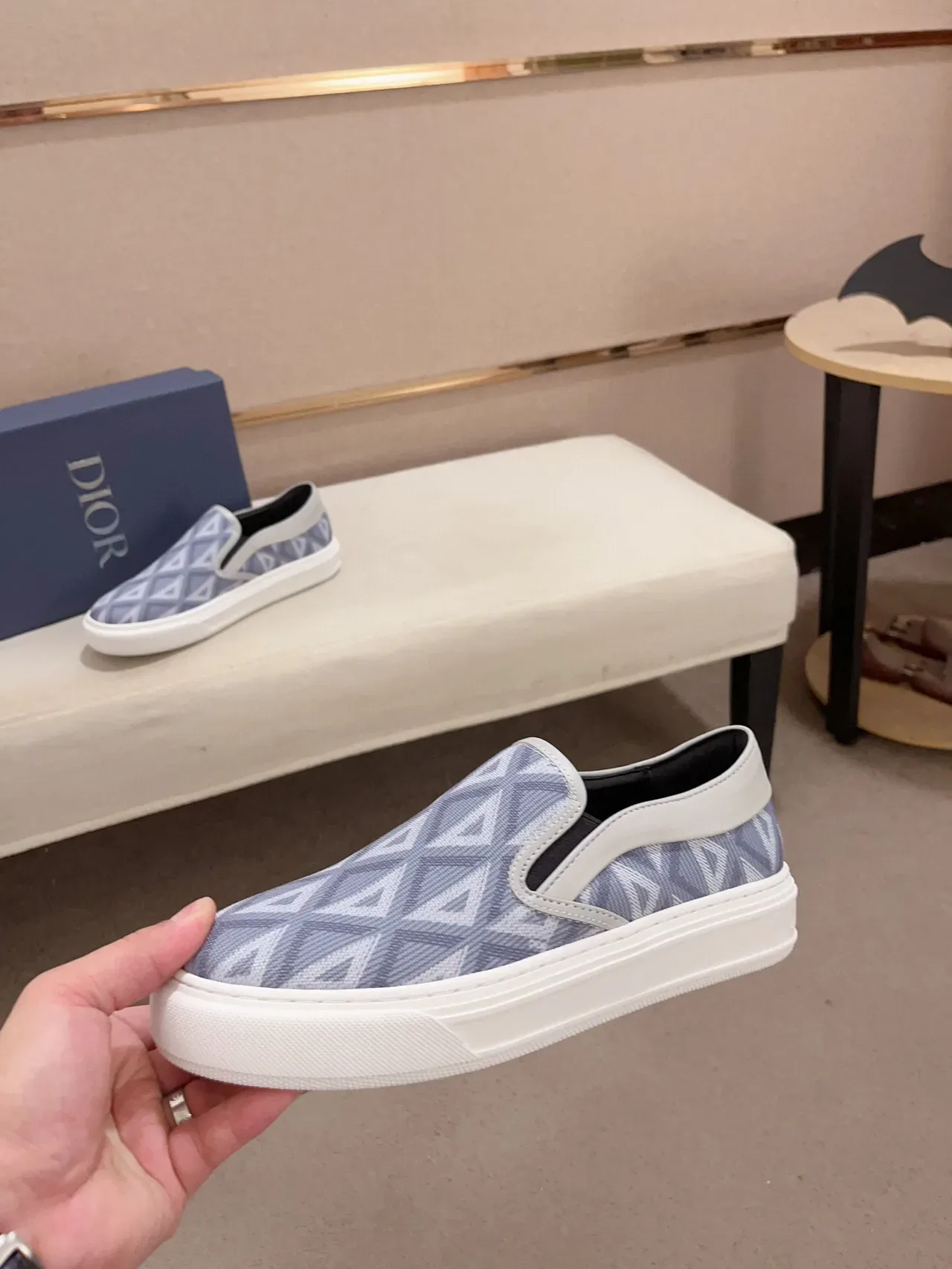 Blue White Slip-On Geometric-Print Fabric Upper Sneakers 3