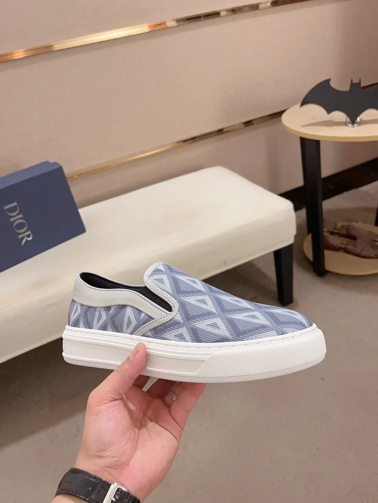 Blue White Slip-On Geometric-Print Fabric Upper Sneakers 4
