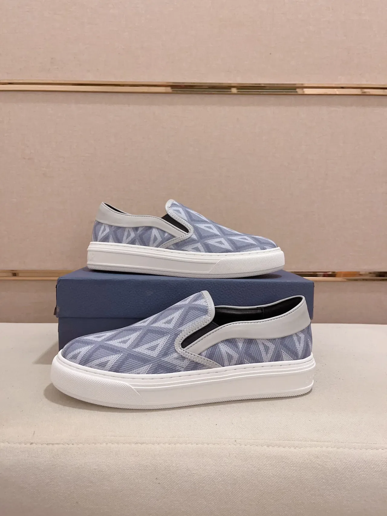 Blue White Slip-On Geometric-Print Fabric Upper Sneakers 7