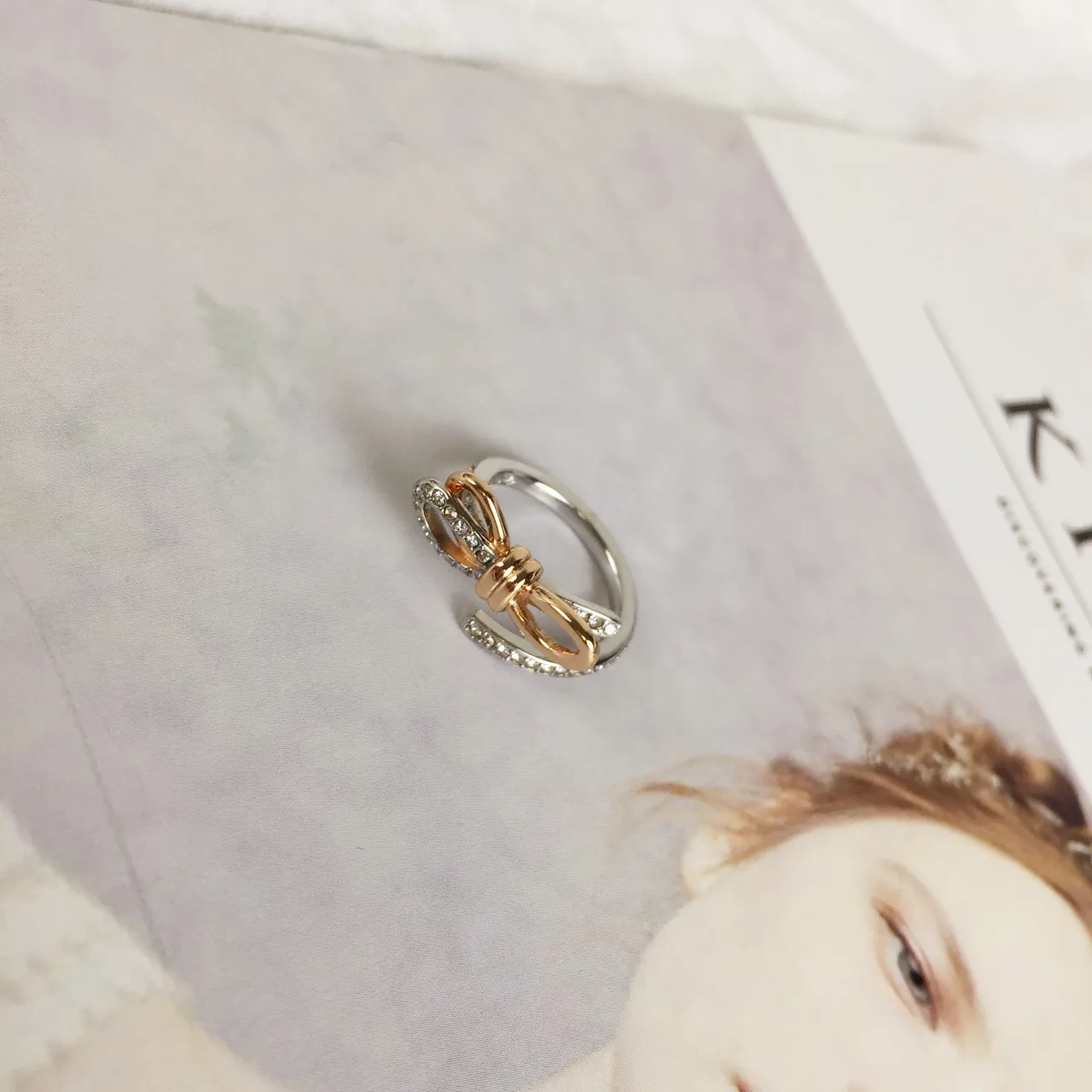 Bow-Shaped Pavé Two-Tone Open Ring 2