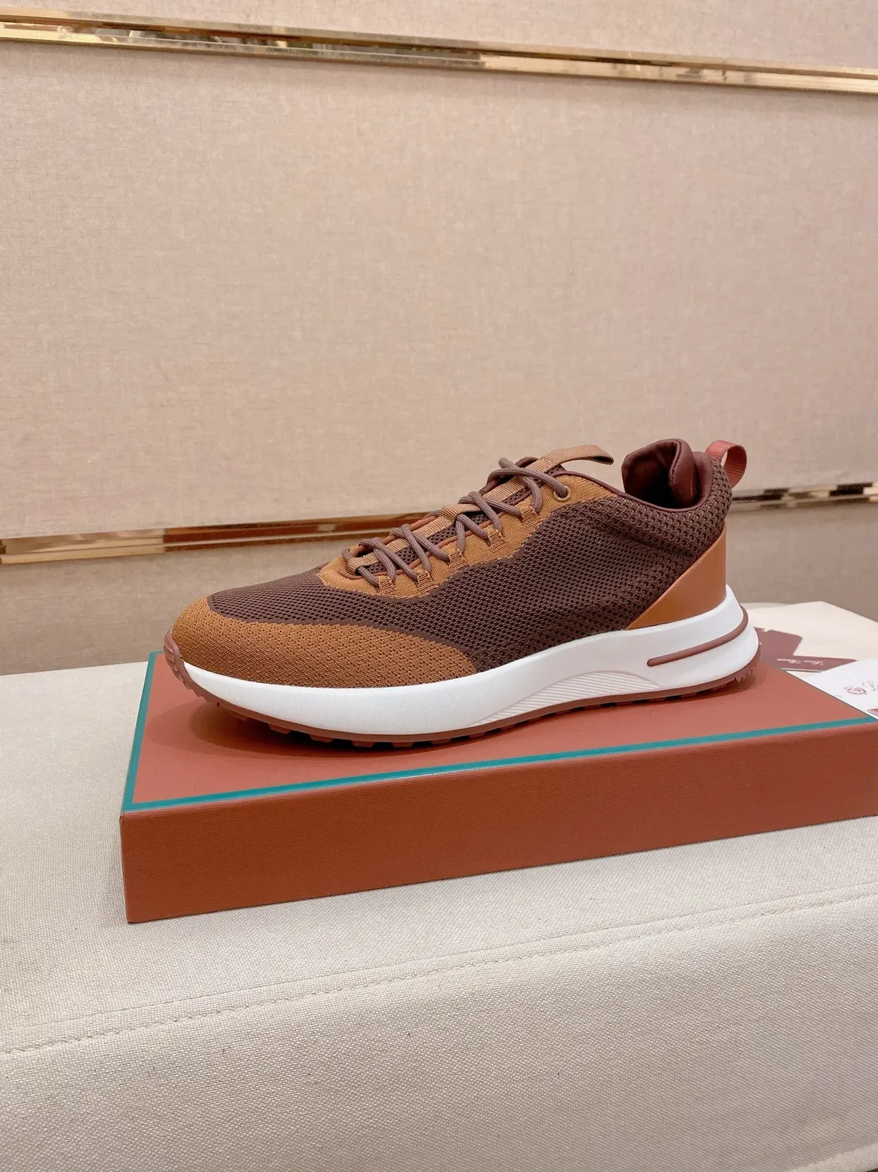 Brown and Tan Knit Color-Block Low-Top Lifestyle Sneaker 1