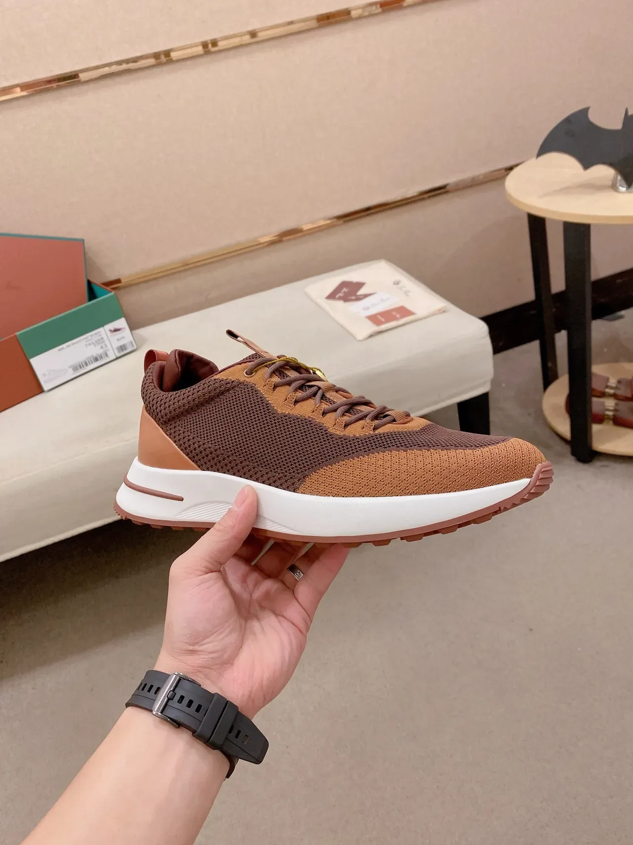 Brown and Tan Knit Color-Block Low-Top Lifestyle Sneaker 5