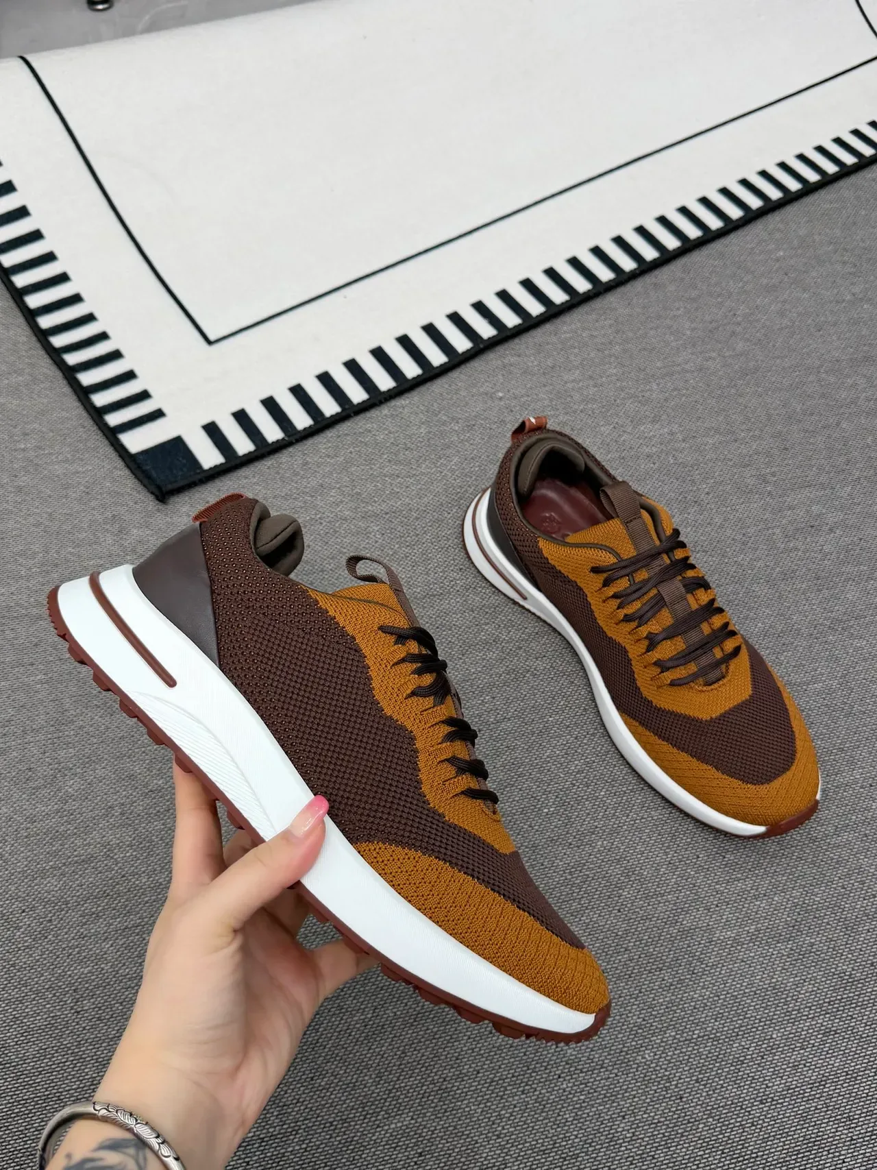 Brown and Tan Knit Color-Blocked Lifestyle Sneakers 1