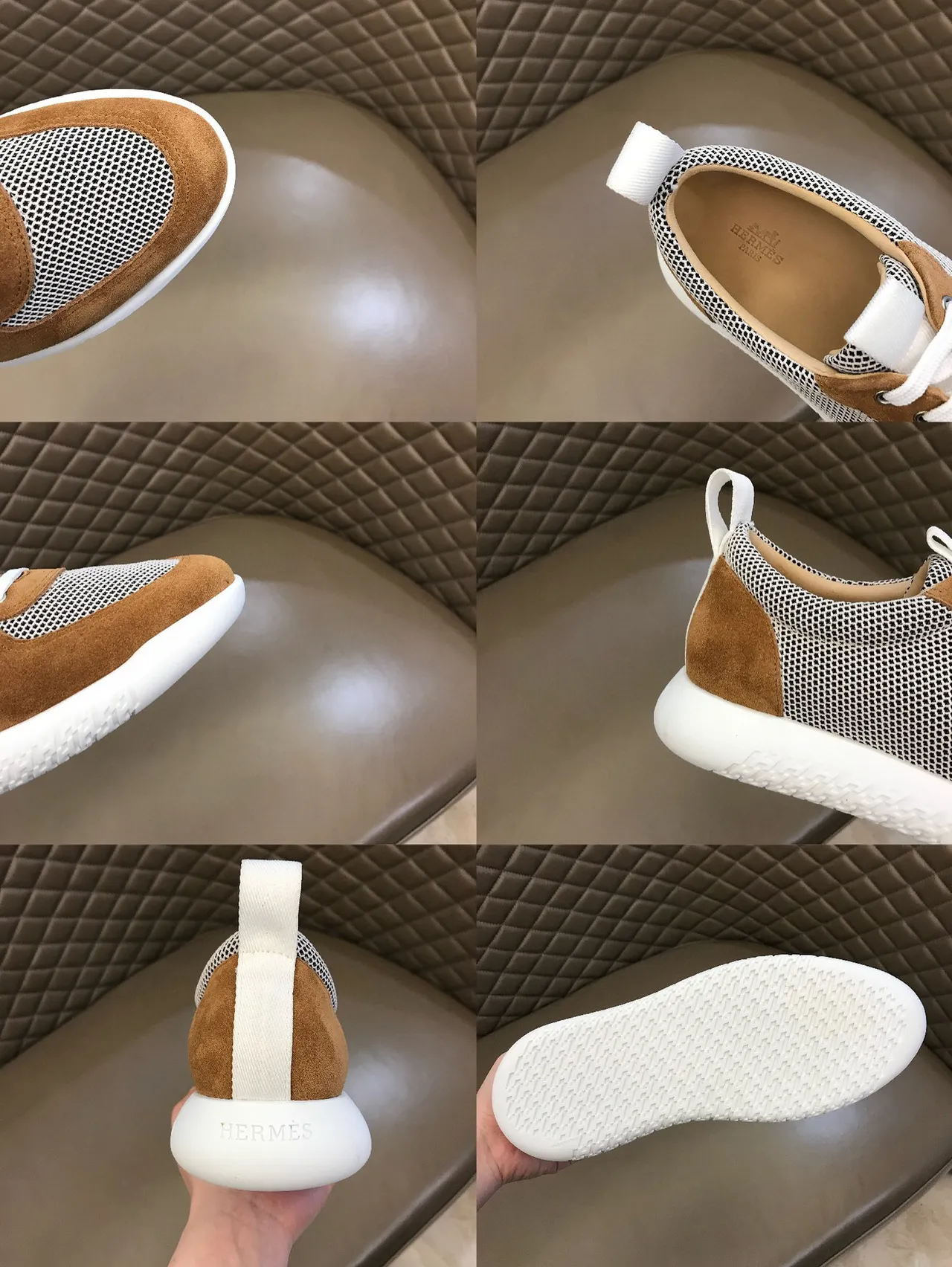 Brown and White Mesh-Suede Panel Low-Top Lace-Up Sneaker 3