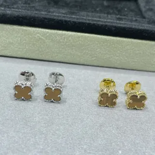 Brown Gold Four-Leaf Clover Motif Beaded Milgrain Border Earrings