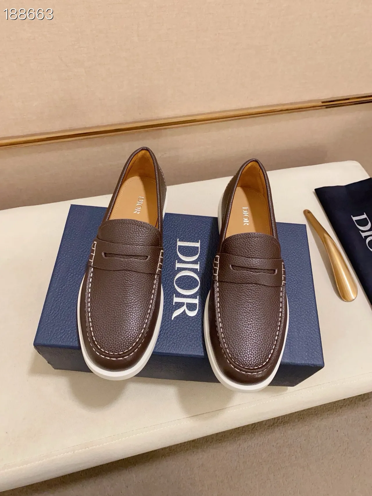 Brown White Pebbled Leather Penny Strap Loafer 4