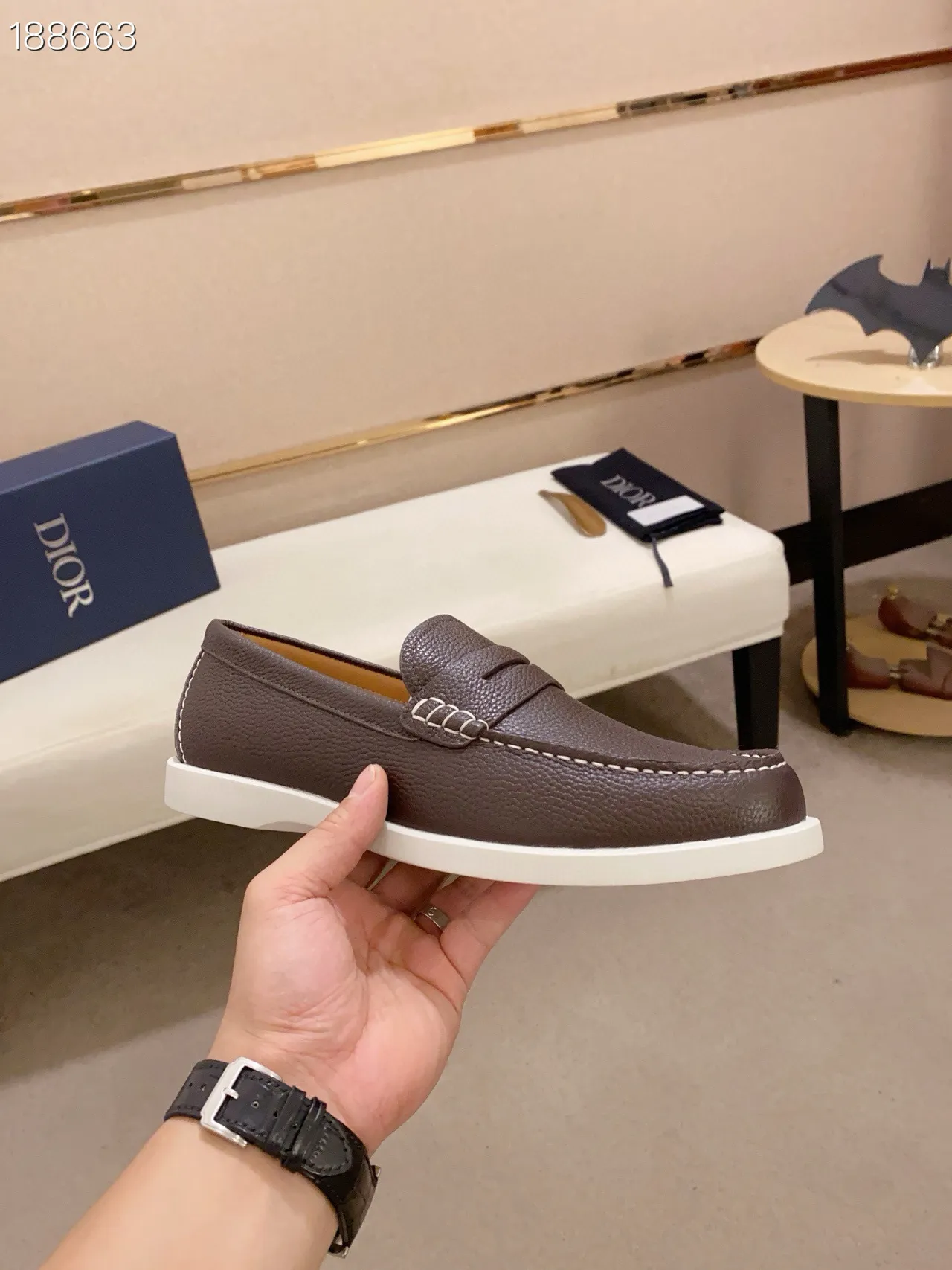 Brown White Pebbled Leather Penny Strap Loafer 6